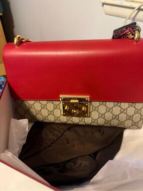 Gucci Red and Brown GG Supreme Padlock MED Shoulder Bag with Gold Hardware